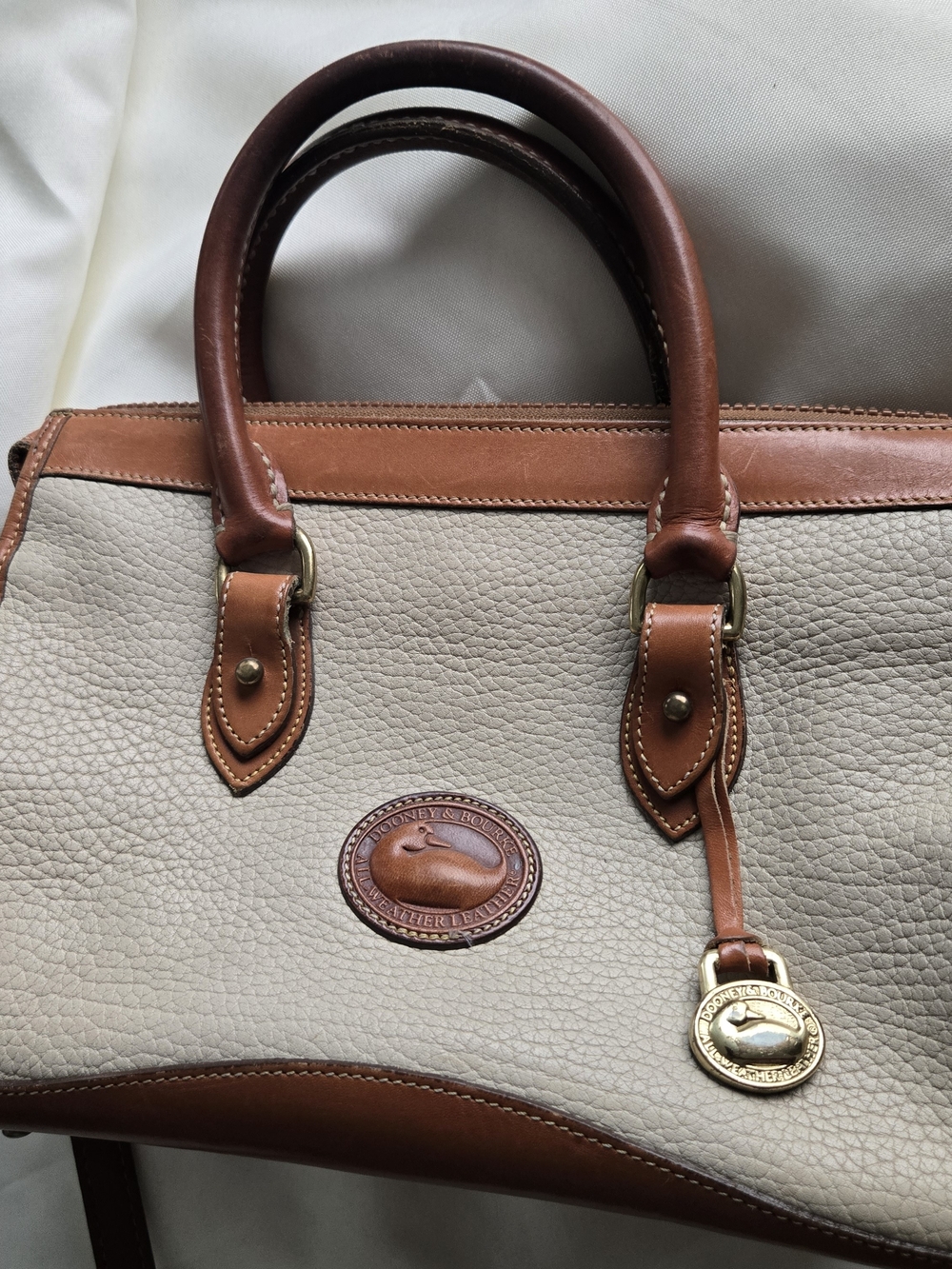Vintage Dooney & Bourke   Beige and Brown Pebbled Leather Satchel
